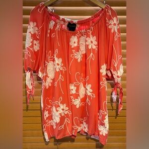 NWOT Liv Los Angeles Off-Shoulder Floral Tie-Sleeve Tunic in Coral size 2XL